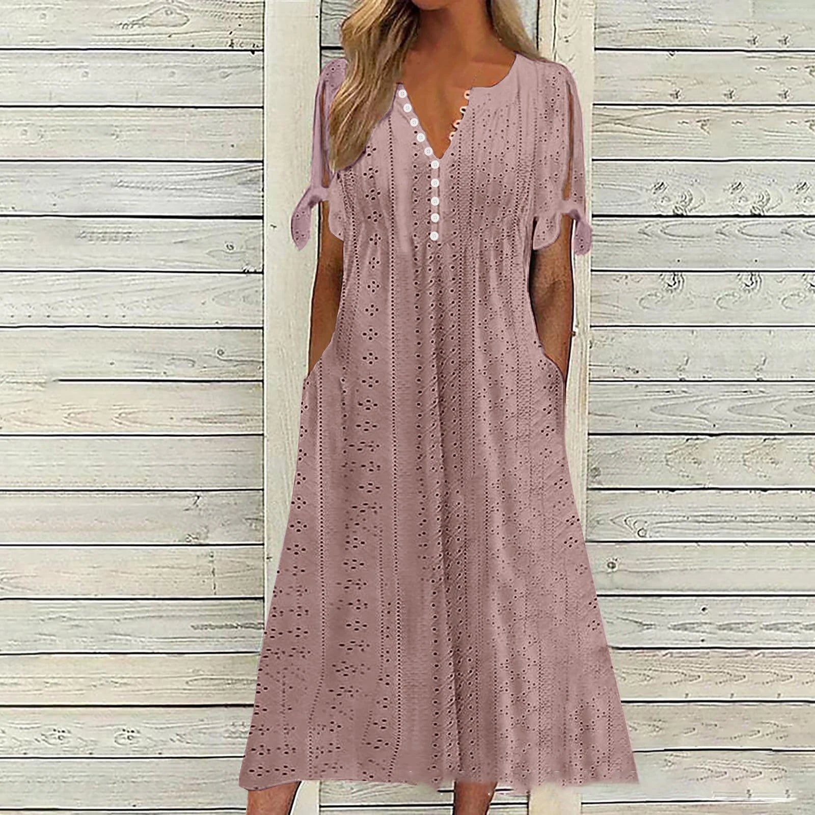 Abito Midi Estivo da Donna Boho con Occhielli e Spalle Scoperte, Maniche Corte, Scollo a V, Bottoni, Vestibilità Ampia, Stile Casual a Trapezio con Tasche