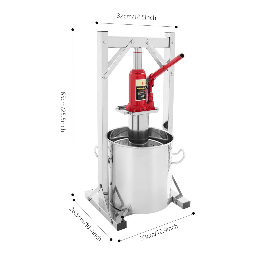Pressa Idraulica per Estrazione, Acciaio Inossidabile, Pressione 3T, 12L, Kit Pressa Manuale per Vino, Pressa per Vino da Frutta Fai da Te, per Vino Artigianale, Fragole, More
