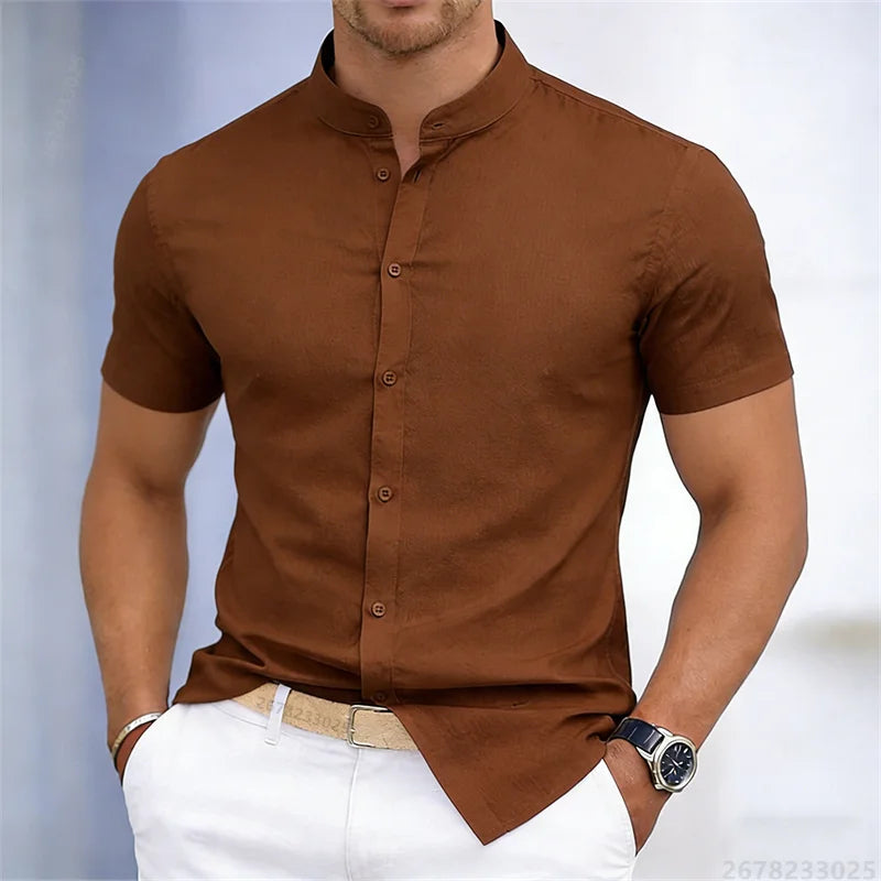 Camicia da uomo a maniche corte con colletto rialzato, bianca o nera, tinta unita, vestibilità slim, top da uomo business casual, taglie XS-6XL.