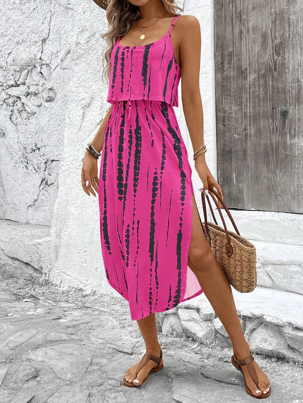 Abito estivo da donna con cinturino spaghetti con cintura e spacco laterale - Abito fluido casual senza maniche