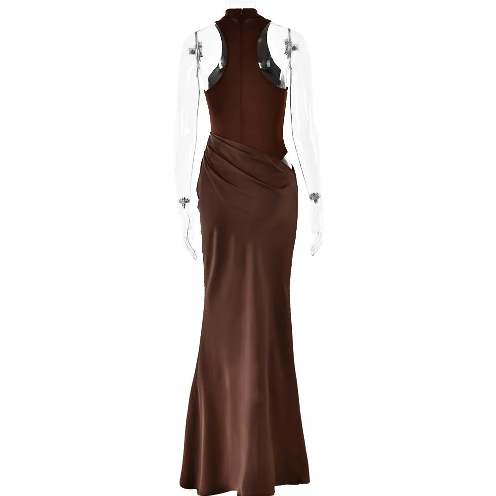 JULISSA MO Abito lungo da donna sexy scollato in raso Abito lungo nero senza maniche a vita alta Donna Autunno Skinny Elegante Party Clubwear