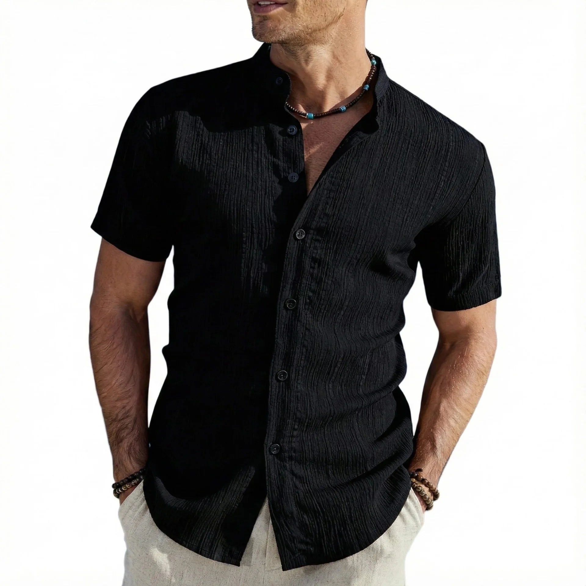 Camicia da uomo a maniche corte con colletto rialzato, testurizzata, traspirante, casual, estiva