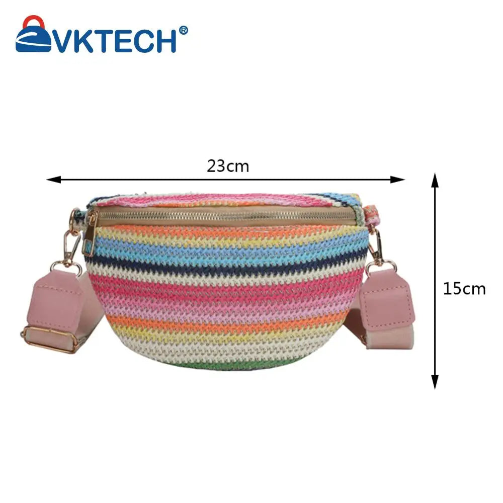 Marsupio a righe arcobaleno, marsupio in paglia intrecciata alla moda, con tracolla regolabile, semplice, portatile, colorato, per vacanze e weekend