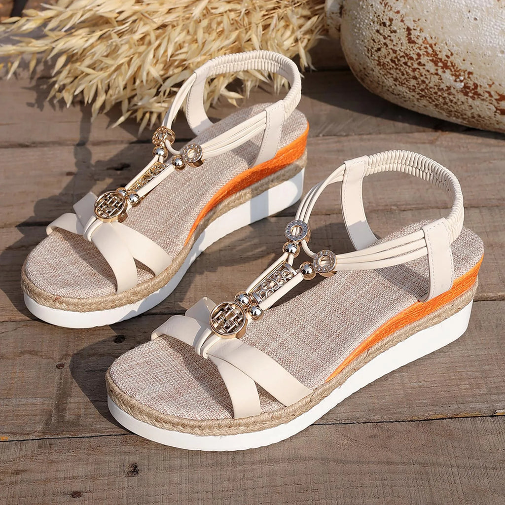 Sandali alla moda da donna con zeppa intrecciata e stampa colorata, comodi e traspiranti, scarpe da spiaggia per le vacanze.