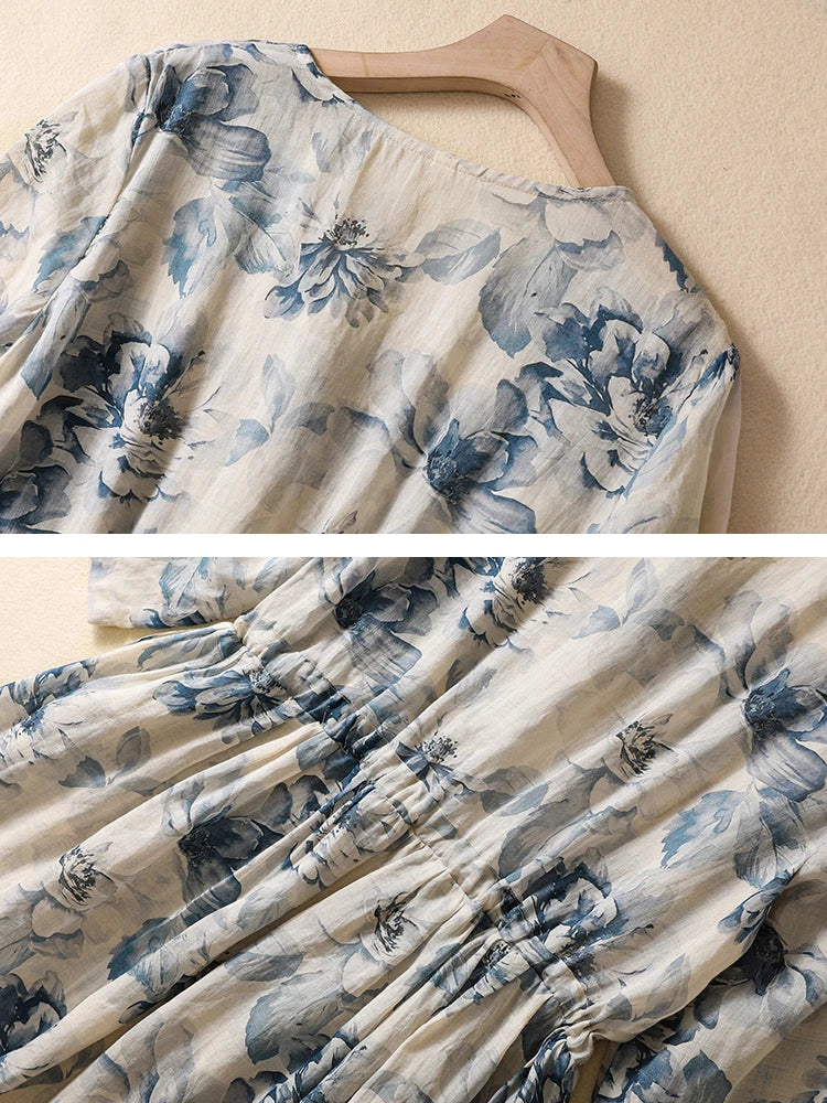 Abiti Lunghi Vintage a Maniche Corte con Stampa per Donna, Nuova Moda Estiva 2026, Vestito Casual Ampio, Abito Elegante Femminile