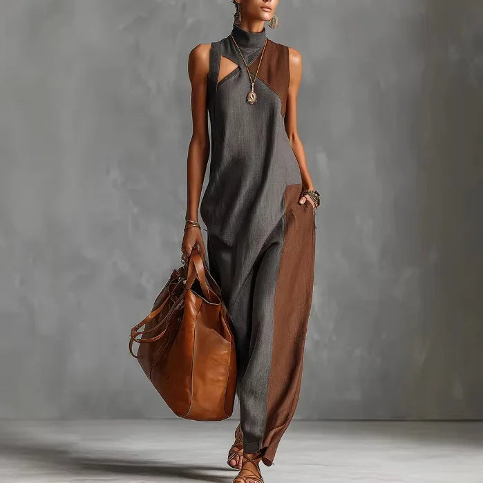 Abito lungo da donna bohémien, tipo gilet, color block, estivo da spiaggia, casual ampio, con scollo alto e cut-out, per tutti i giorni