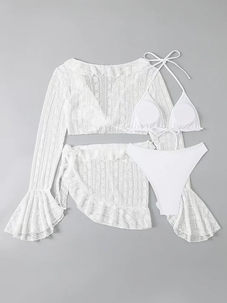 Set bikini da donna in pizzo trasparente con top a triangolo allacciato al collo e gonna da spiaggia con volant - Elegante costume da bagno per le vacanze estive al mare