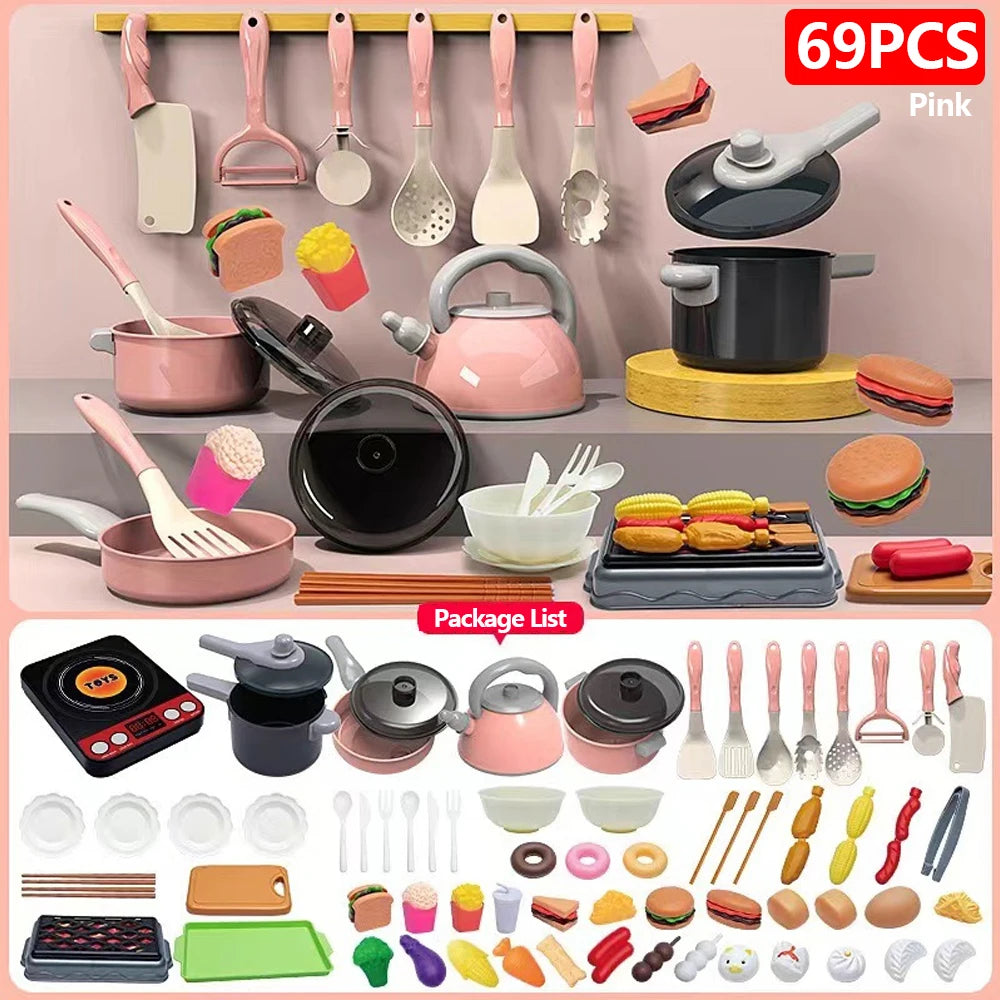 Set di giocattoli da cucina per bambini 92/69/59 pezzi Gioca al cibo con pentole Padelle e utensili Piccoli giocattoli da cucina per bambini Ragazze Ragazzi Regalo