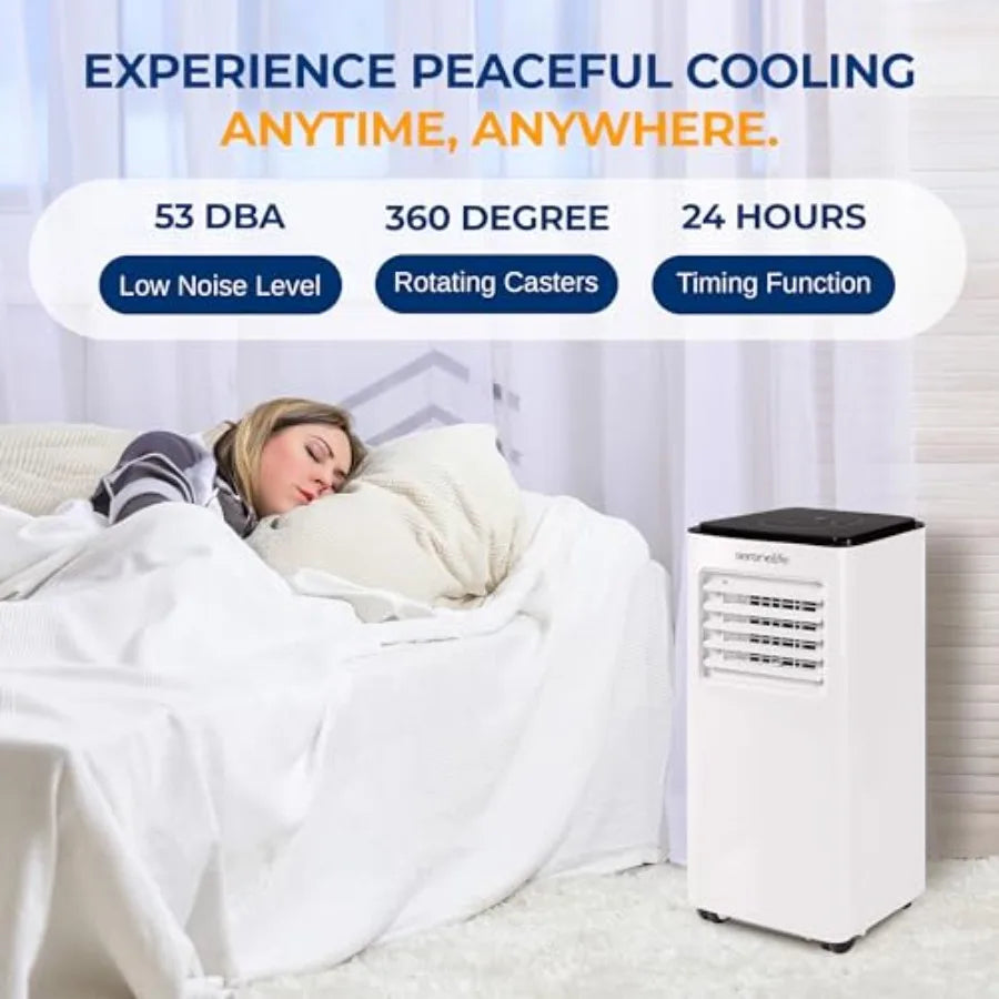 Condizionatore d'aria portatile per uso in camera da letto, scocca in plastica ABS, colore bianco, raffreddamento da 8000 BTU con funzionalità 3-in-1 e basso consumo energetico.