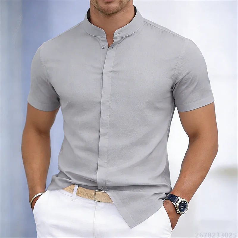 Camicia da uomo a maniche corte con colletto rialzato, bianca o nera, tinta unita, vestibilità slim, top da uomo business casual, taglie XS-6XL.