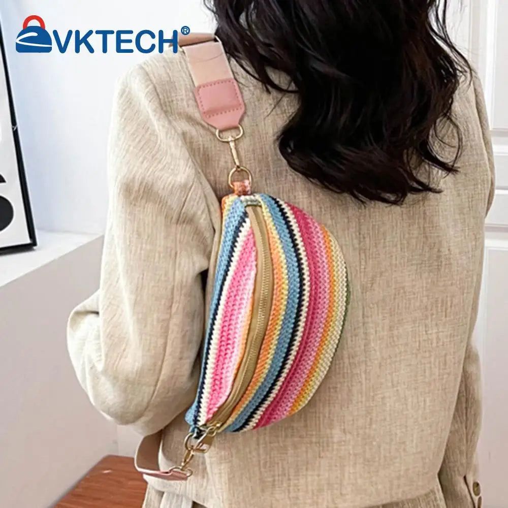 Marsupio a righe arcobaleno, marsupio in paglia intrecciata alla moda, con tracolla regolabile, semplice, portatile, colorato, per vacanze e weekend