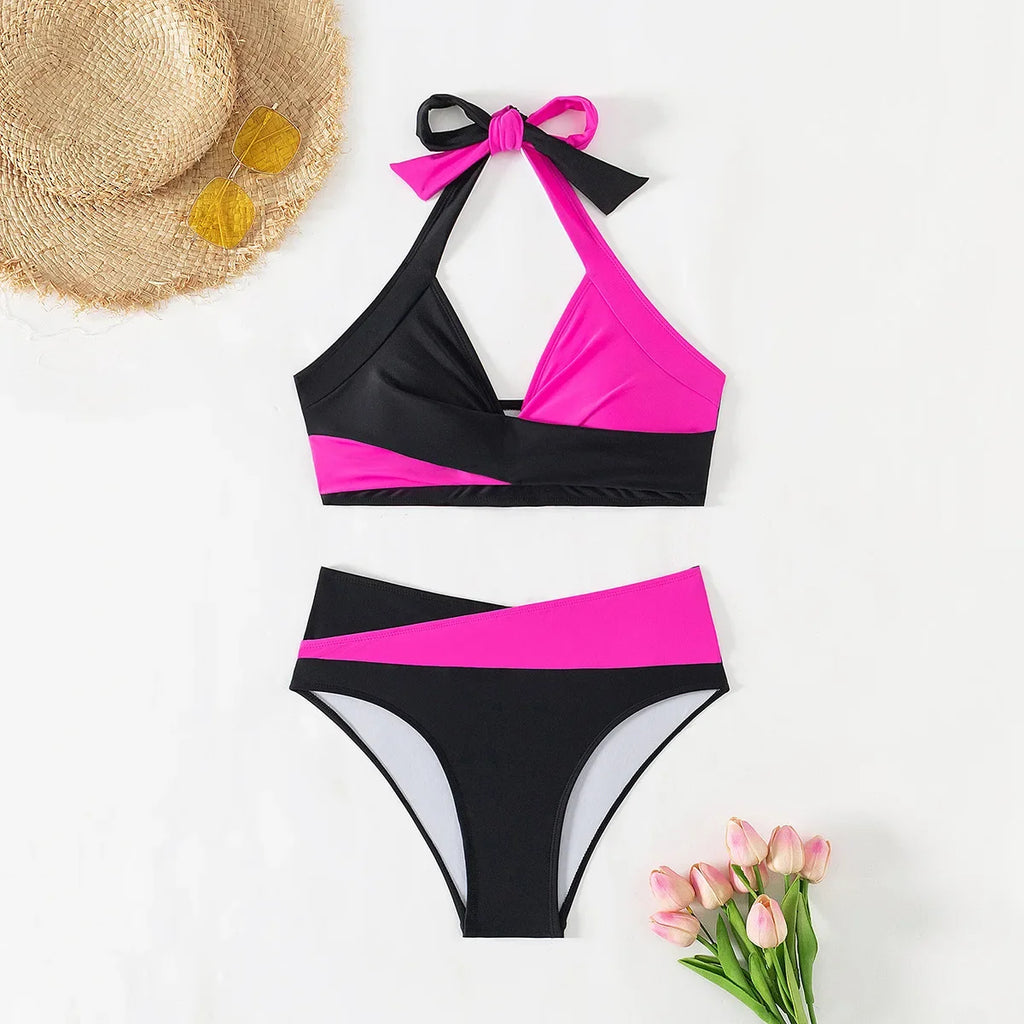 Nuovo Costume da Bagno Bikini Donna 2025 a Vita Alta con Blocchi di Colore e Design Halter - Abbigliamento Mare Diviso alla Moda per l'Export