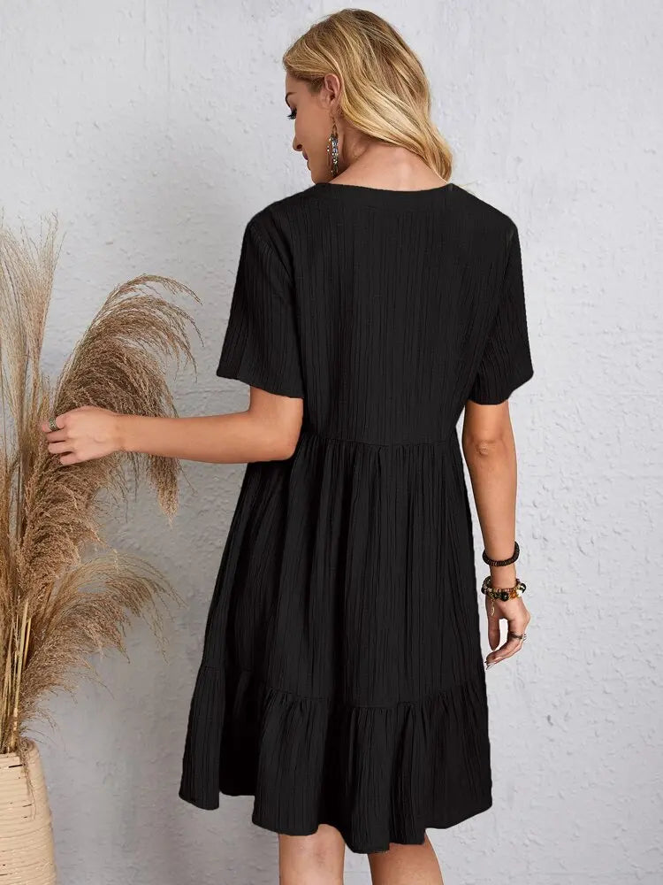 Elegante solido scollo A V A Line Dress 2024 nuova estate Ruffles allentato Mini abito Casual manica corta Beach Party Vestidos Streetwear