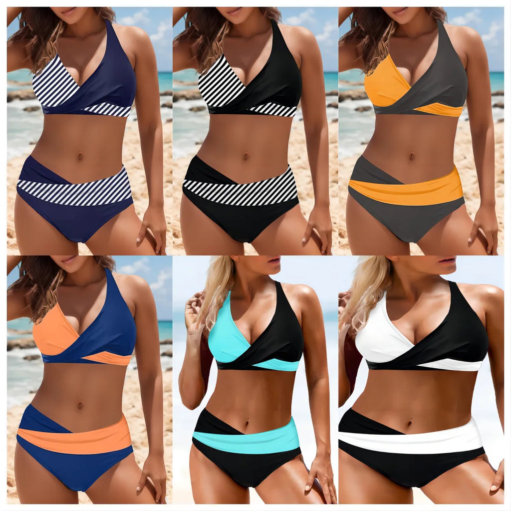 Nuovo Costume da Bagno Bikini Due Pezzi Patchwork 2026 Sexy da Donna, Aderente, Scavato, Senza Schienale, con Incrocio e Push-Up, per Spiaggia