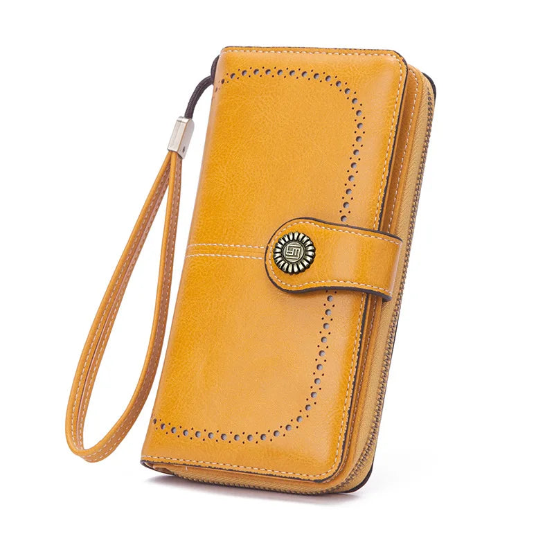 Borsa a mano in pelle cerata con blocco RFID, porta carte di credito multifunzionale a doppia piega, portafoglio da donna lungo retrò di grande capacità