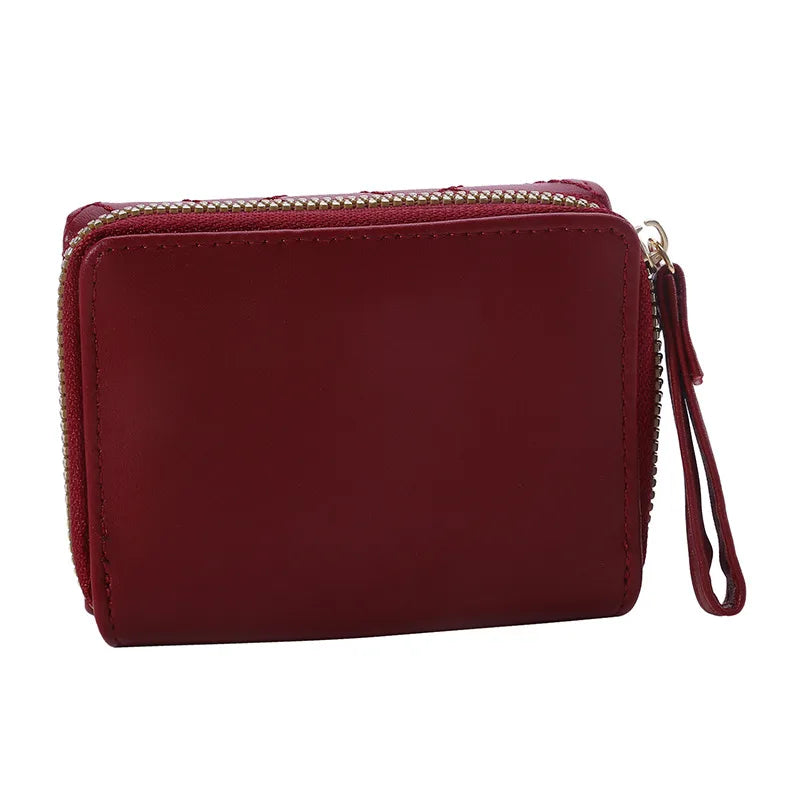 Portafoglio da donna per pelle PU moda ricamato amore tri-fold piccolo portafoglio porta carte portamonete multi-slot per carte interno rosa