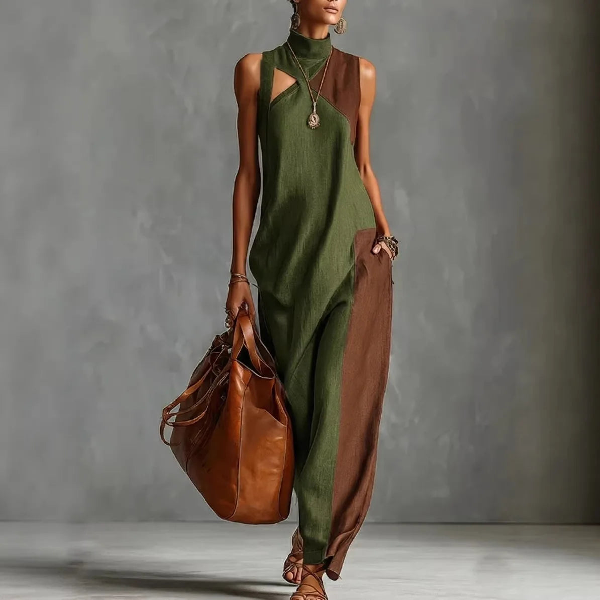 Abito lungo da donna bohémien, tipo gilet, color block, estivo da spiaggia, casual ampio, con scollo alto e cut-out, per tutti i giorni