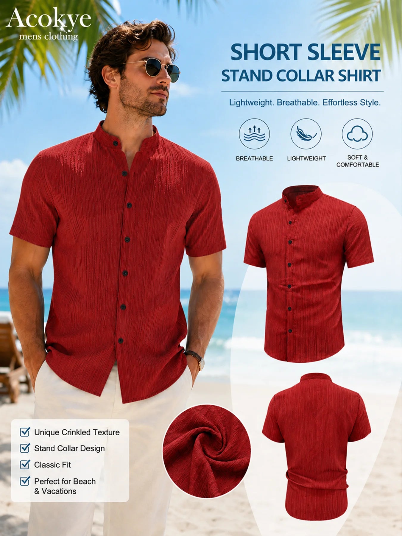 Camicia da uomo a maniche corte con colletto alla coreana – Camicia testurizzata slim fit con bottoni, camicia traspirante casual estiva da spiaggia per uomo