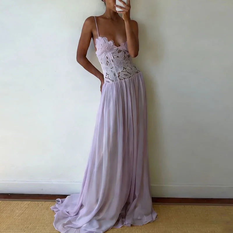 Abito Lungo Estivo Casual in Chiffon con Bretelle, Scollo a V Profondo, Senza Maniche, con Inserti in Pizzo, per Spiaggia e Feste, Primavera Estate