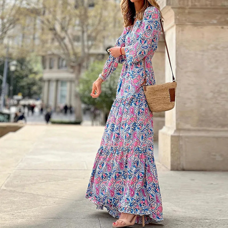 Abiti Estivi da Donna, Nuova Moda, Stampa Elegante, Scollo a V Sexy, Maniche Lunghe, Vita Alta Elasticizzata, Lunghezza Media, Stile Bohémien