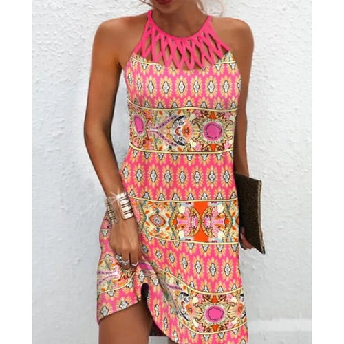 Abito Boho sexy per donna Mini abito da spiaggia Abito alla moda Donna Estate senza maniche Hollow Elegante abito da festa Stampa Vestido 2023