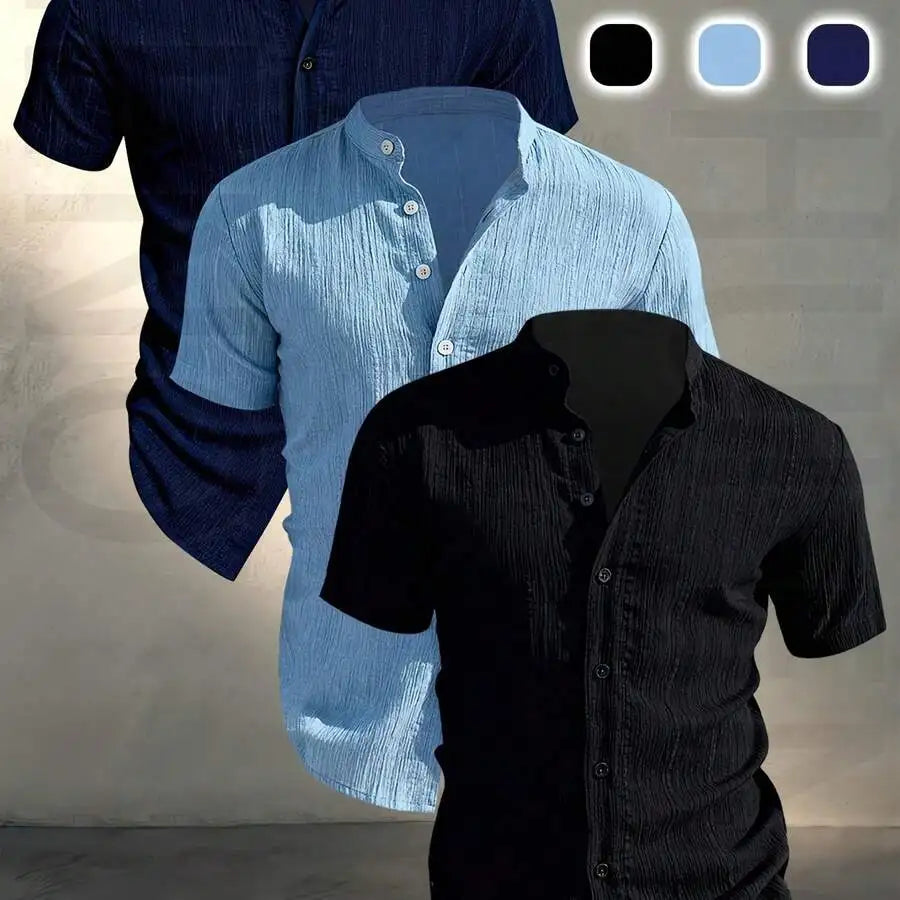 3 pezzi di camicie casual da uomo a maniche corte con colletto rialzato, estive, leggere, traspiranti, tinta unita, con bottoni
