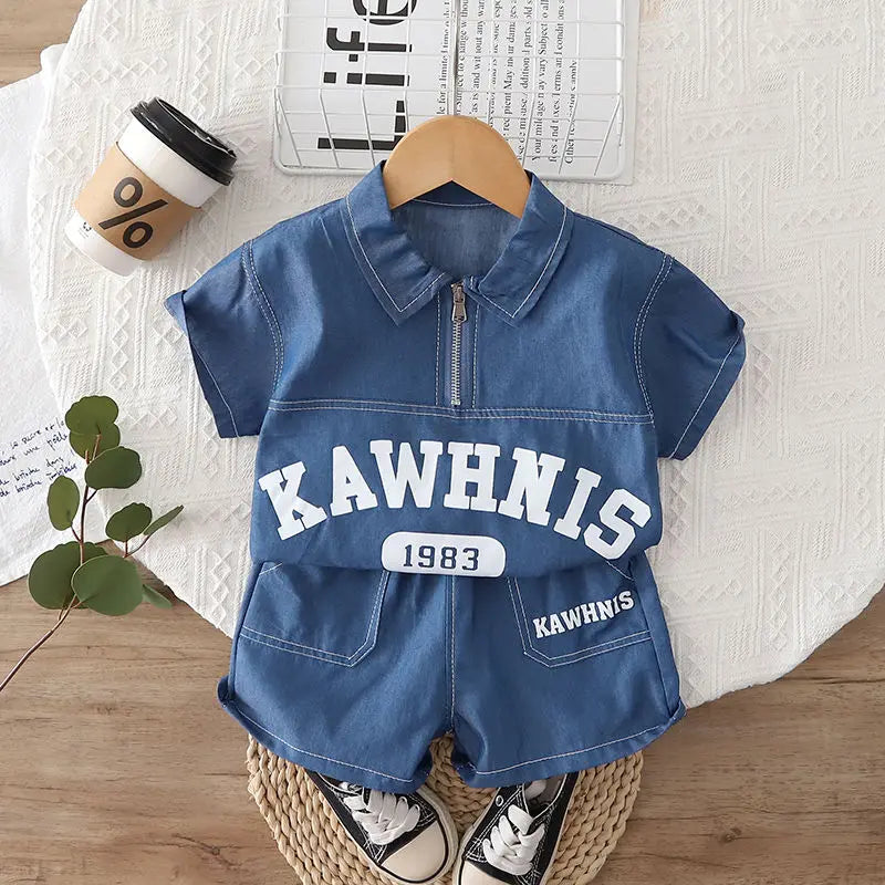 Abbigliamento Estivo in Cotone per Bambini, Set 2 Pezzi con Camicia in Denim e Pantaloncini, Tuta alla Moda per Bambini 0-5 Anni