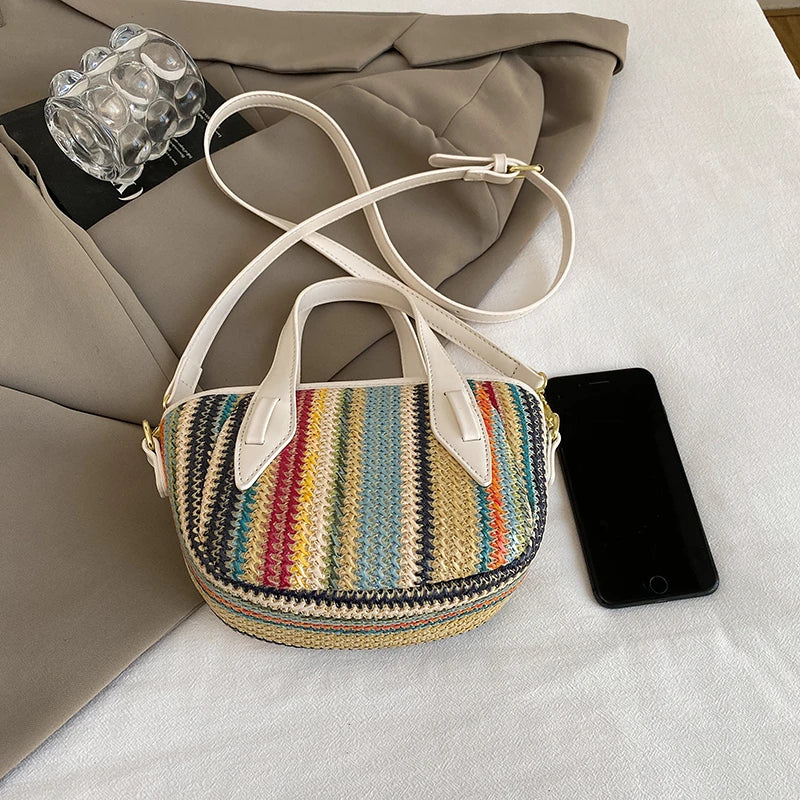 Borsa Mini Tote in Paglia a Righe Bohemien da Donna, Borsa a Tracolla Intrecciata Colorata con Manico Superiore per Viaggi Estivi in Spiaggia
