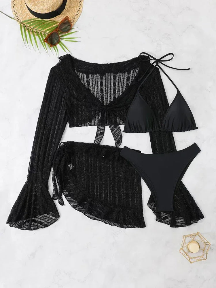Set bikini da donna in pizzo trasparente con top a triangolo allacciato al collo e gonna da spiaggia con volant - Elegante costume da bagno per le vacanze estive al mare