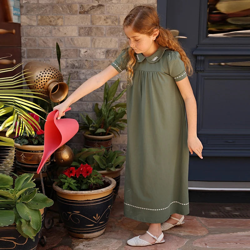 AA-SS26 Set Abito Shabbos Verde Beige Coordinato Famiglia Abbigliamento Bambini Vestiti con Fiocco Stampa Foglie d'Ulivo Set per Ragazzi Tutina per Neonati