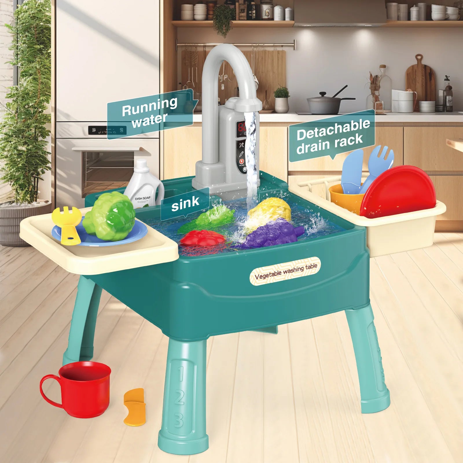 Gioca al lavello con acqua corrente Lavello da cucina Giocattoli con rubinetto elettrico Tavolo ad acqua Piscina galleggiante Lavastoviglie Set per bambina