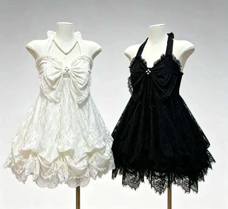 Abito stile francese dolce e carino con giunture a pois, fiocco in pizzo, abiti alla moda coreani, nuovo design, vita sottile, mini abito Y2k da donna