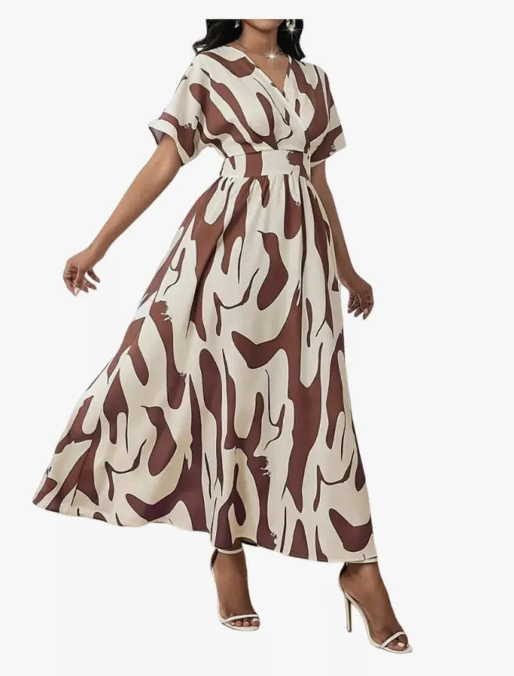 Abito longuette con scollo a V con stampa astratta verde bianco da donna Manica corta Vita alta A-Line Abiti maxi da festa casual estivi fluidi
