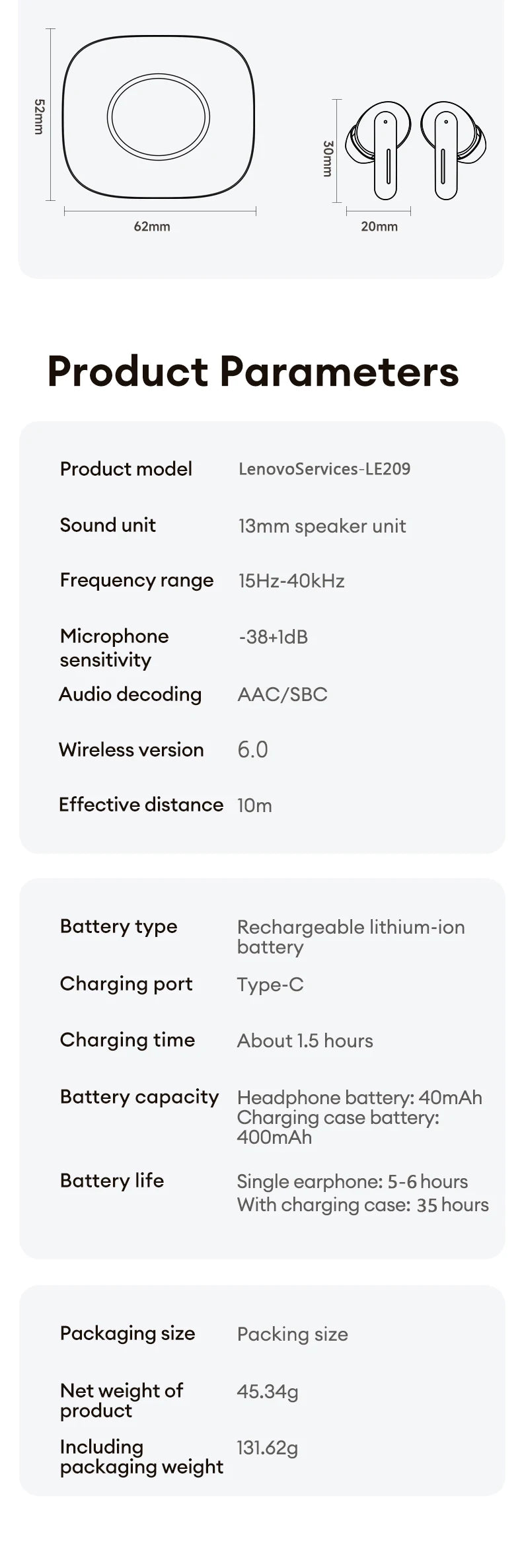 Nuovo Lenovo LE209 Aggiornamento Wireless Bluetooth 6.0 Auricolare con cancellazione del rumore Cuffie sportive 30H Batteria a lunga durata Cuffie con microfono