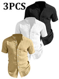 Set di 3 Pezzi Camicia Estiva da Uomo a Maniche Corte Leggera Traspirante Tinta Unita con Bottoni Casual Colletto Rialzato Lavabile in Lavatrice Perfetta