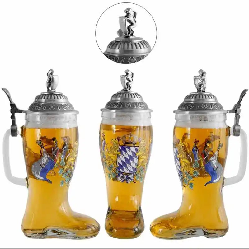 Boccale da birra in vetro Tazza da vino creativa Decorazioni per la casa Tazza da caffè in vetro con manico Stile tedesco di grande capacità con coperchio Tazza da acqua Regalo da uomo