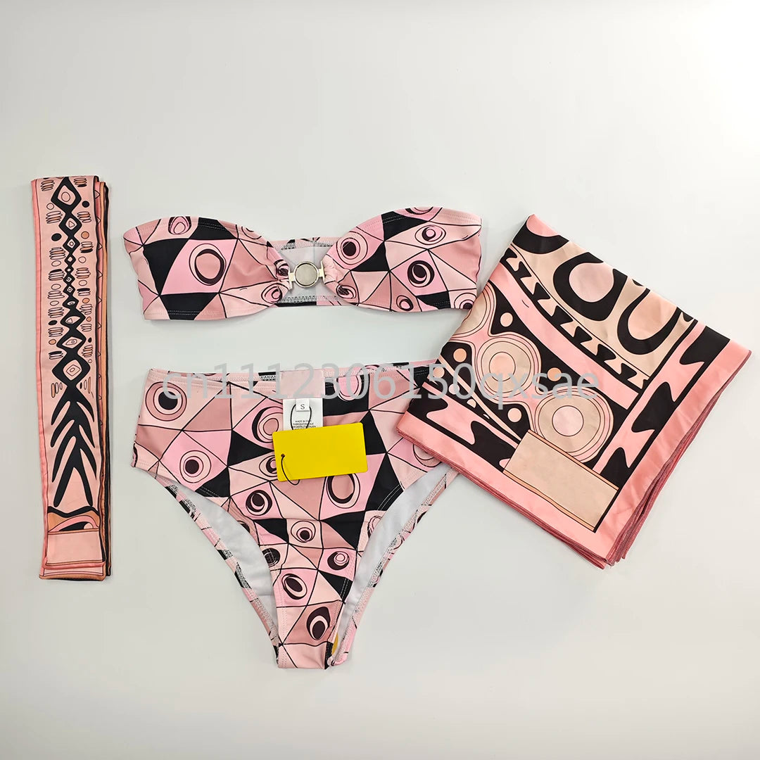 Costumi da bagno da donna rosa con foulard e logo a lettere, set bikini con foulard e fascia per capelli, abbigliamento da spiaggia
