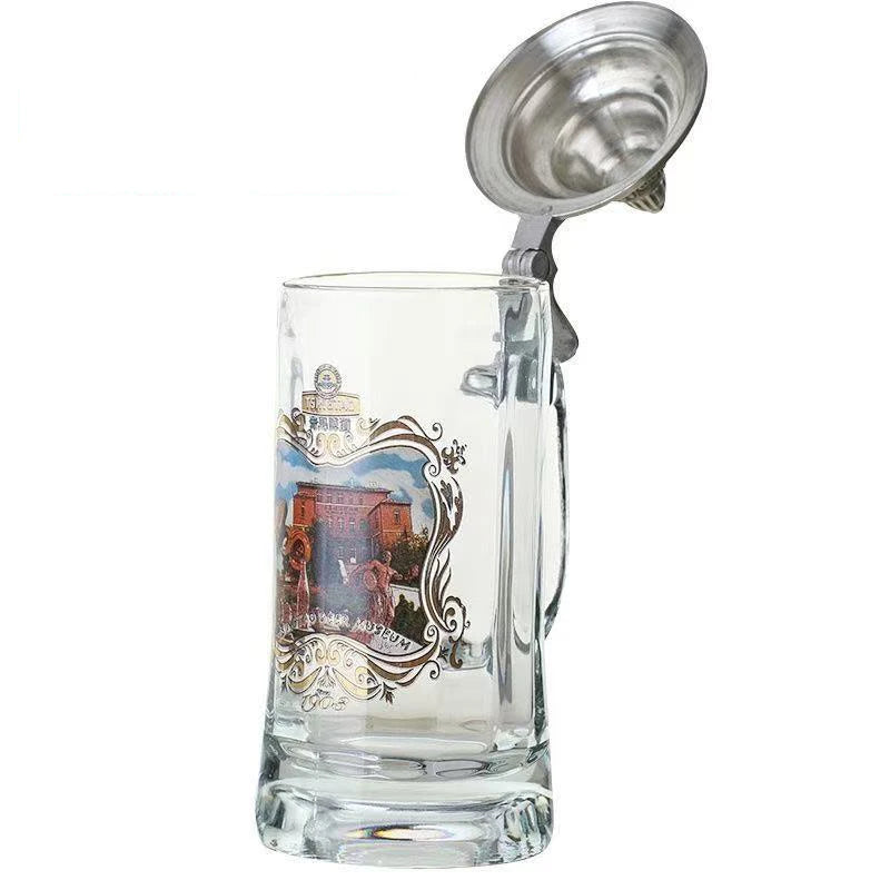Boccale da birra in vetro Tazza da vino creativa Decorazioni per la casa Tazza da caffè in vetro con manico Stile tedesco di grande capacità con coperchio Tazza da acqua Regalo da uomo
