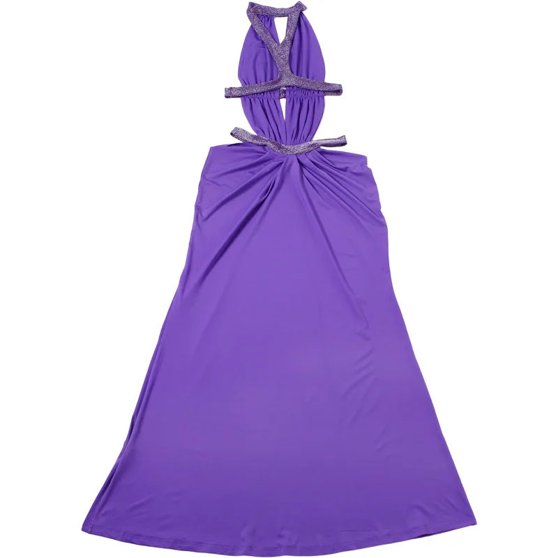 Abito lungo da donna sexy Halter scava fuori senza schienale senza maniche increspato abiti lunghi da sera Party Chic Robe verde viola estivo