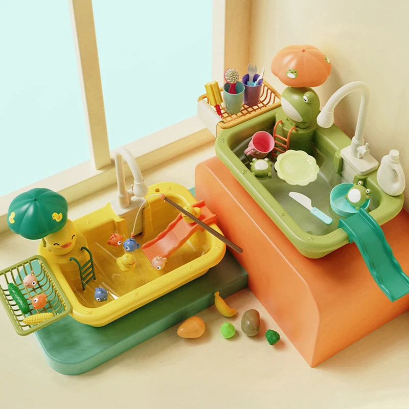 Giocattolo Lavello da Cucina per Bambini, Lavastoviglie Elettrica con Acqua Corrente, Gioco di Imitazione con Cibo e Pesca, Regalo per Bambine