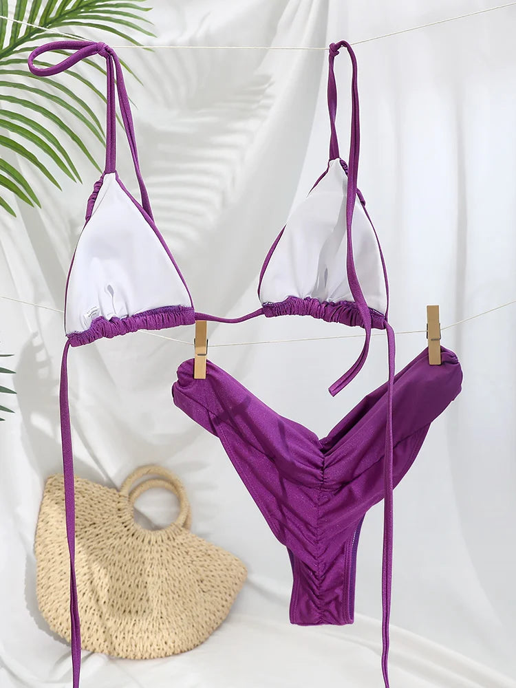 Costume da bagno bikini con pieghe sexy Micro bikini solido Costume da bagno donna Triangolo femminile Costume da bagno da spiaggia