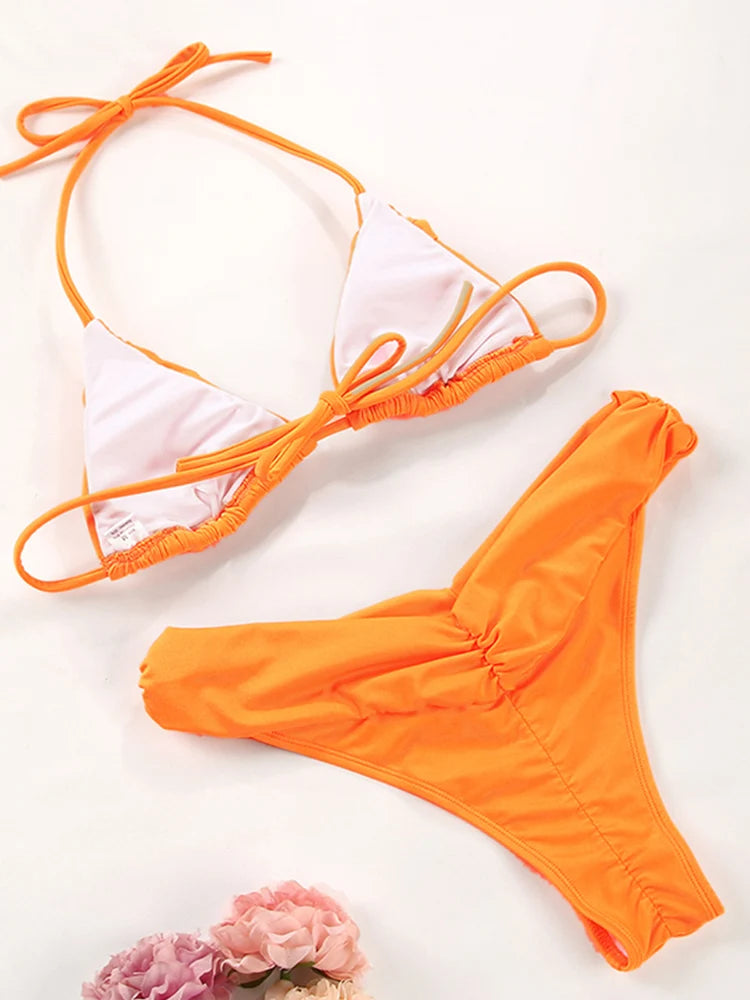 Costume da bagno bikini con pieghe sexy Micro bikini solido Costume da bagno donna Triangolo femminile Costume da bagno da spiaggia
