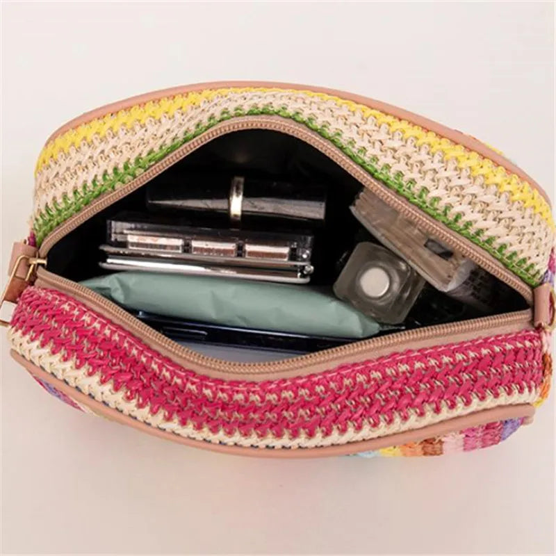 Borse da donna alla moda, tessitura alla moda e artistica, borse intrecciate in paglia multicolore, borse a tracolla in stile etnico, borse da donna