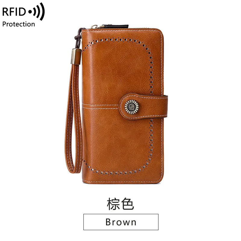 Borsa a mano in pelle cerata con blocco RFID, porta carte di credito multifunzionale a doppia piega, portafoglio da donna lungo retrò di grande capacità