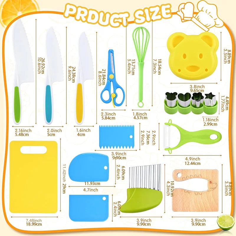 Set di Utensili da Cucina Montessori 11/17 Pezzi, Giocattoli per Cuocere, Coltelli Sicuri per Bambini con Tagliere, Accessori da Cucina Reali per Bambini