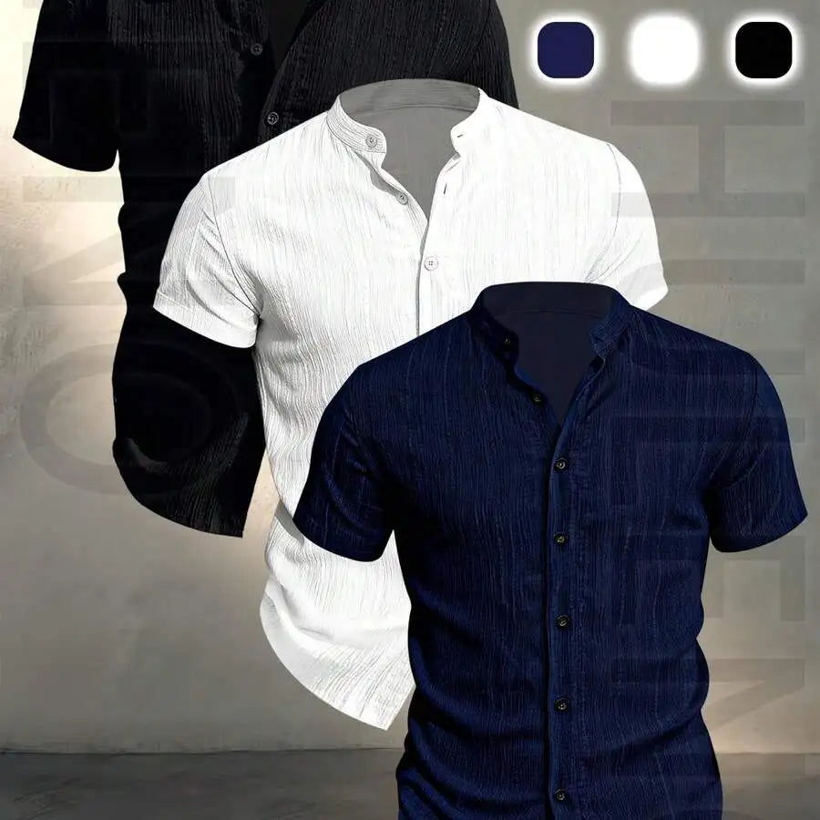 3 pezzi di camicie casual da uomo a maniche corte con colletto rialzato, estive, leggere, traspiranti, tinta unita, con bottoni
