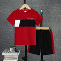 Set di t-shirt e pantaloncini a maniche corte colorblock casual da 2 pezzi per ragazzi, comodi vestiti estivi per bambini