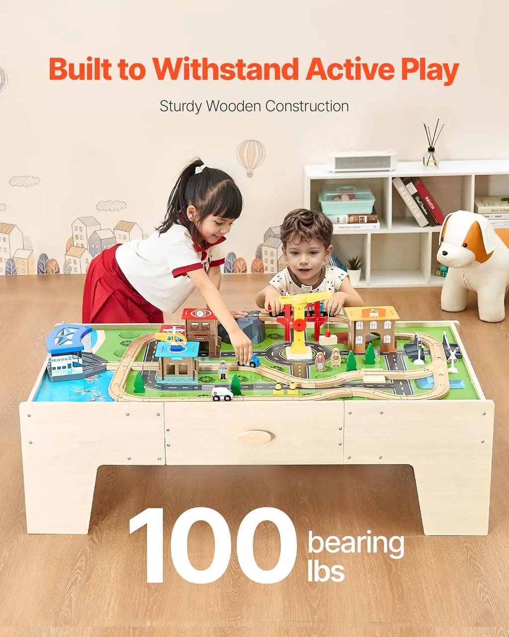 Tavolo da treno, tavolo da attività per bambini in legno da 62 pezzi multicolori con ampio cassetto portaoggetti, set di treni in legno 3 in 1 per giocare, Dra