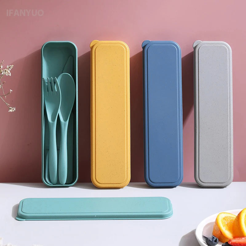 3In1 Set di stoviglie in paglia di grano Set di posate riutilizzabili portatili Coltello Forchetta Cucchiaio Bacchette Scatola di utensili da viaggio Stoviglie da campeggio