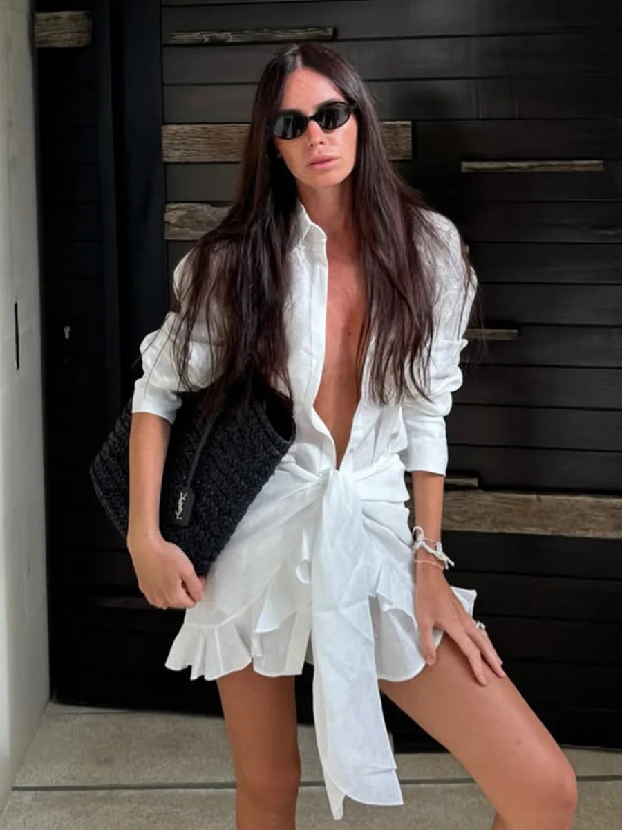 Abito chemisier casual da donna tinta unita con lacci, estivo, con risvolto, maniche lunghe, bottoni, mini abito plissettato, copricostume da spiaggia, outfit per vacanze 2026